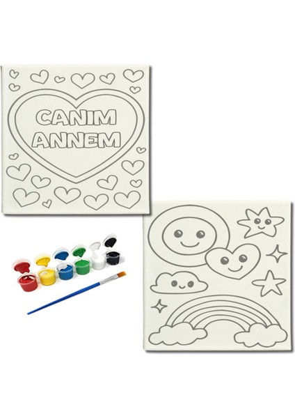 TATİL-KARNE HEDİYESİ 2'li Tuval Boyama Seti 20X20 cm Uv Baskı 6 Akrilik Boya 1 FIRÇA-MODEL-296