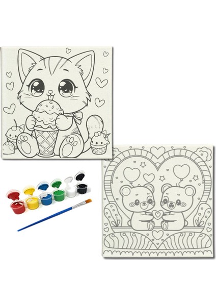 TATİL-KARNE HEDİYESİ 2'li Tuval Boyama Seti 20X20 cm Uv Baskı 6 Akrilik Boya 1 FIRÇA-MODEL-207