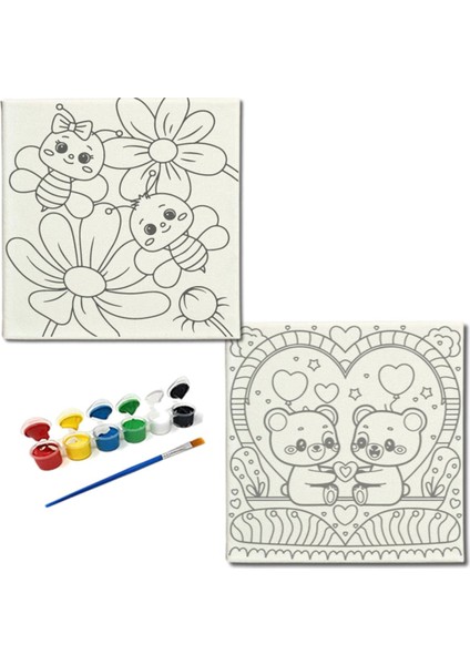 Okul Etkinliği-2'li Tuval Boyama Seti. 20X20 cm Uv Baskı 6 Akrilik Boya 1 FIRÇA-MODEL-200