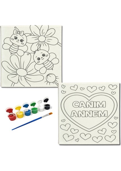Okul Etkinliği-2'li Tuval Boyama Seti. 20X20 cm Uv Baskı 6 Akrilik Boya 1 FIRÇA-MODEL-233