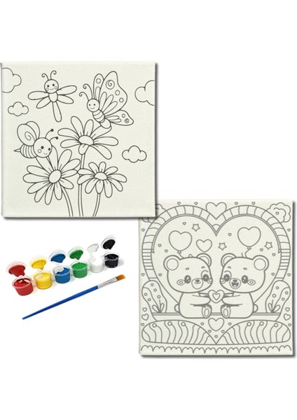 Okul Etkinliği-2'li Tuval Boyama Seti. 20X20 cm Uv Baskı 6 Akrilik Boya 1 FIRÇA-MODEL-208