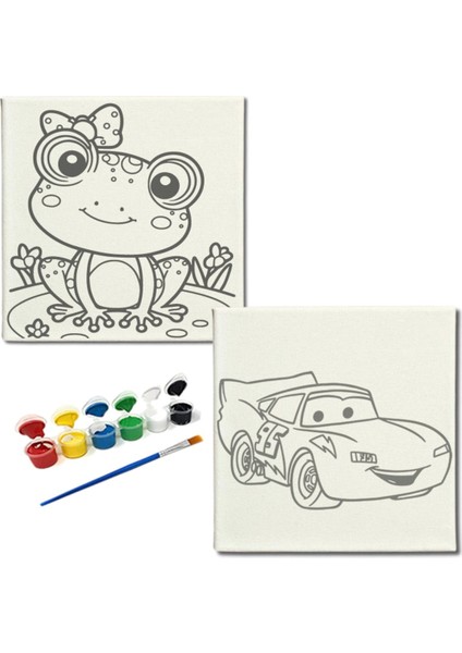 Okul Etkinliği-2'li Tuval Boyama Seti. 20X20 cm Uv Baskı 6 Akrilik Boya 1 FIRÇA-MODEL-375