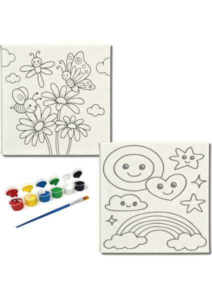 Okul Etkinliği-2'li Tuval Boyama Seti. 20X20 cm Uv Baskı 6 Akrilik Boya 1 FIRÇA-MODEL-285