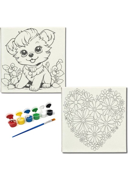 Okul Etkinliği-2'li Tuval Boyama Seti. 20X20 cm Uv Baskı 6 Akrilik Boya 1 FIRÇA-MODEL-251