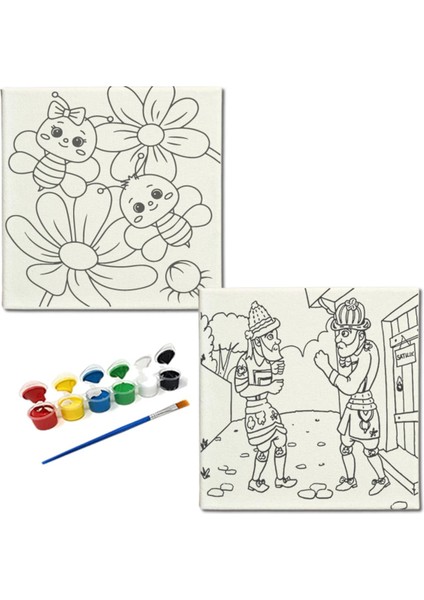 Okul Etkinliği-2'li Tuval Boyama Seti. 20X20 cm Uv Baskı 6 Akrilik Boya 1 FIRÇA-MODEL-355