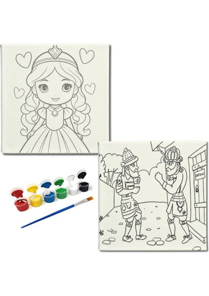 Okul Etkinliği-2'li Tuval Boyama Seti. 20X20 cm Uv Baskı 6 Akrilik Boya 1 FIRÇA-MODEL-347