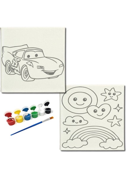 Okul Etkinliği-2'li Tuval Boyama Seti. 20X20 cm Uv Baskı 6 Akrilik Boya 1 FIRÇA-MODEL-324