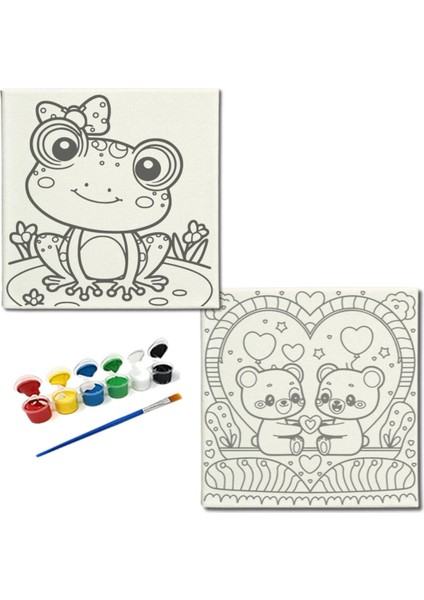 Okul Etkinliği-2'li Tuval Boyama Seti. 20X20 cm Uv Baskı 6 Akrilik Boya 1 FIRÇA-MODEL-211