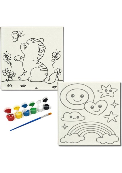 Okul Etkinliği-2'li Tuval Boyama Seti. 20X20 cm Uv Baskı 6 Akrilik Boya 1 FIRÇA-MODEL-288
