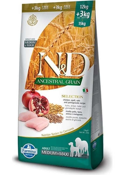 Nd Ancestral Graın Medium Maxi Adult Selection 15KG(12+3) Düşük Tahıllı Tavuklu Narlı Köpek Maması
