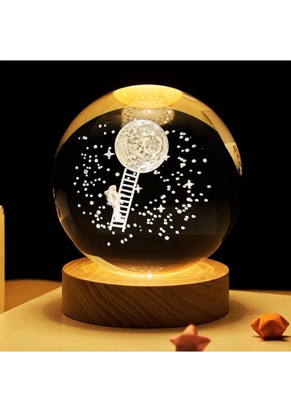 Dekoratif Merdiven Astronot Tasarımlı Ahşap Altlıklı Işıklı Cam Küre Büyük Boy Cam:8 cm Ahşap:2 cm