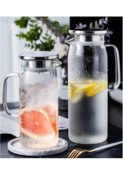 sht 1500 ml Borosilikat Cam Su Sürahisi - Metal Kapaklı ve Isıya Dayanıklı Byrnew