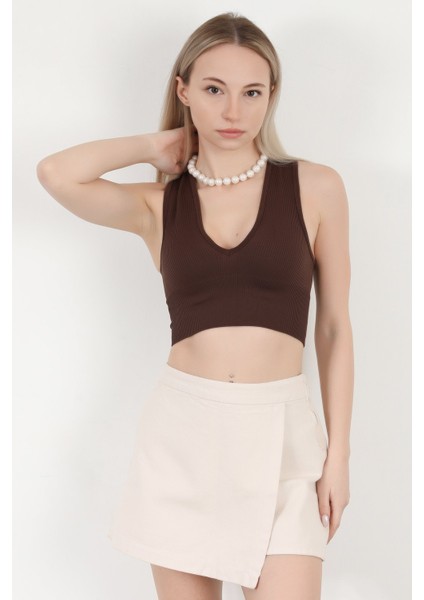 Kadın V Yaka Kalın Askılı Dokulu Crop Body Kahverengi - MS0000311