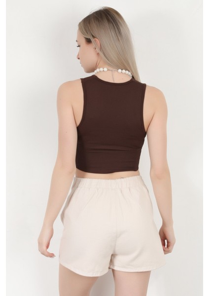 Kadın V Yaka Kalın Askılı Dokulu Crop Body Kahverengi - MS0000311