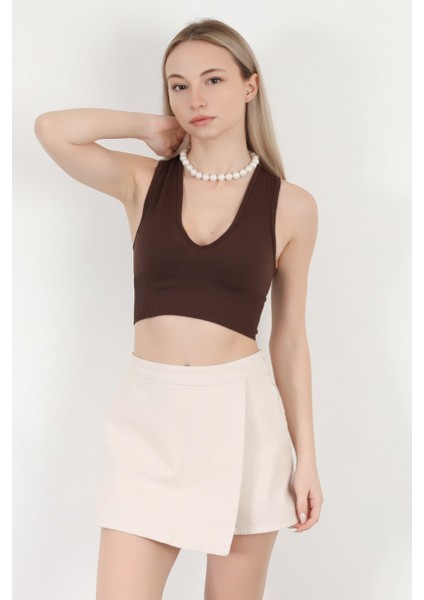 Kadın V Yaka Kalın Askılı Dokulu Crop Body Kahverengi - MS0000311