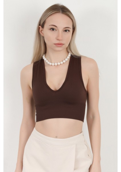 Kadın V Yaka Kalın Askılı Dokulu Crop Body Kahverengi - MS0000311
