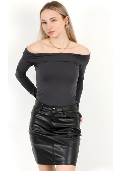 Kadın Kayık Yaka Uzun Kol Basic Bluz Antrasit - MS0000505