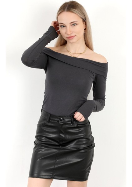 Kadın Kayık Yaka Uzun Kol Basic Bluz Antrasit - MS0000505 fiyatları