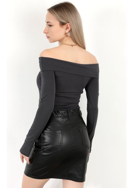 Kadın Kayık Yaka Uzun Kol Basic Bluz Antrasit - MS0000505 modelleri