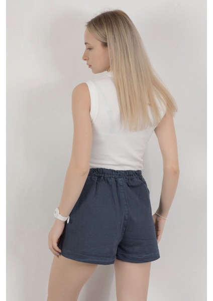 Kadın Beli Lastikli Yandan Fermuarlı Şort Etek Lacivert - 4411