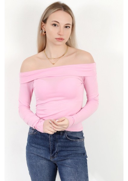 Kadın Kayık Yaka Uzun Kol Basic Bluz Pembe - MS0000505