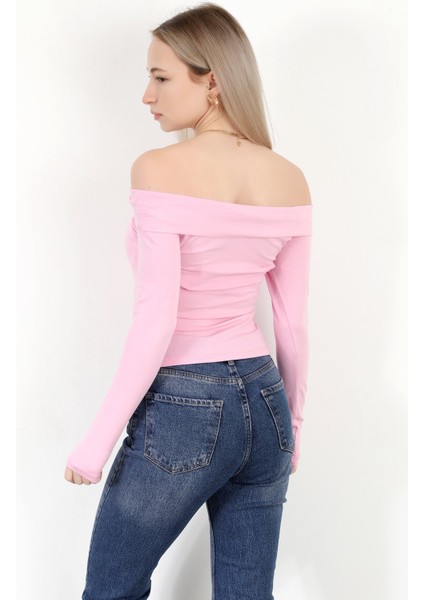 Kadın Kayık Yaka Uzun Kol Basic Bluz Pembe - MS0000505