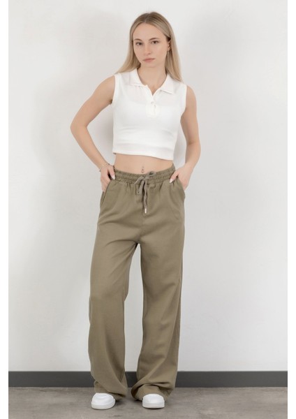 Kadın Beli Lastikli Bağcıklı Bol Paça Pantolon Haki - 4707