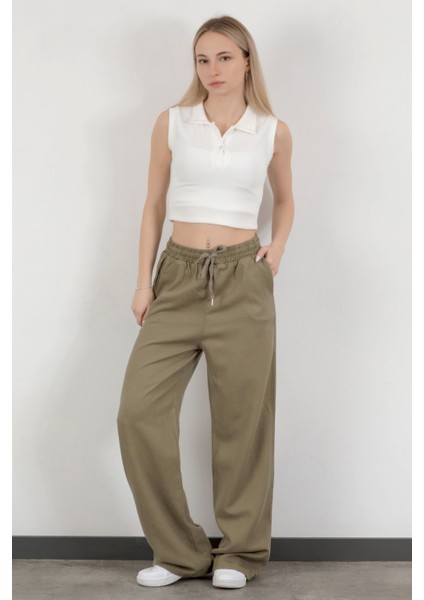 Kadın Beli Lastikli Bağcıklı Bol Paça Pantolon Haki - 4707
