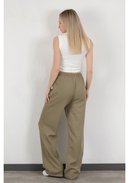 Kadın Beli Lastikli Bağcıklı Bol Paça Pantolon Haki - 4707