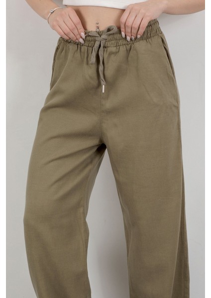 Kadın Beli Lastikli Bağcıklı Bol Paça Pantolon Haki - 4707