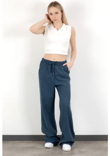 Kadın Beli Lastikli Bağcıklı Bol Paça Pantolon Lacivert - 4707