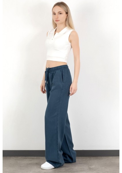 Kadın Beli Lastikli Bağcıklı Bol Paça Pantolon Lacivert - 4707