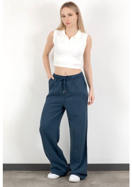 Kadın Beli Lastikli Bağcıklı Bol Paça Pantolon Lacivert - 4707