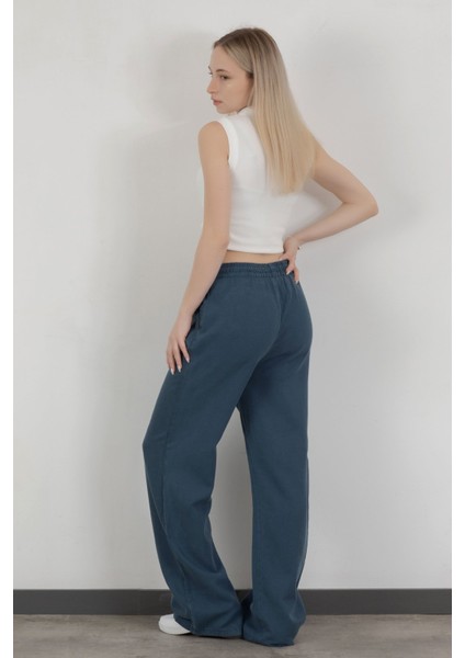Kadın Beli Lastikli Bağcıklı Bol Paça Pantolon Lacivert - 4707