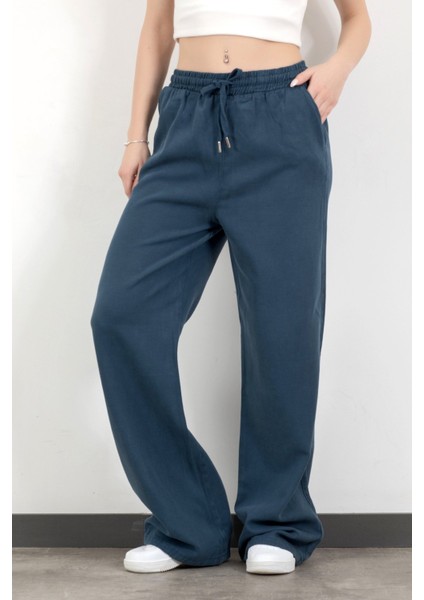 Kadın Beli Lastikli Bağcıklı Bol Paça Pantolon Lacivert - 4707