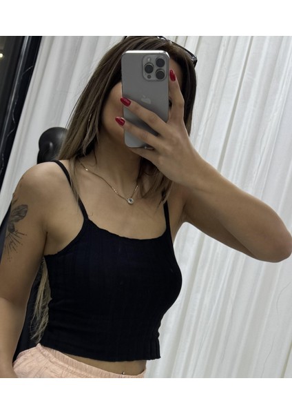 İP ASKILI FİTİLLİ CROP SİYAH