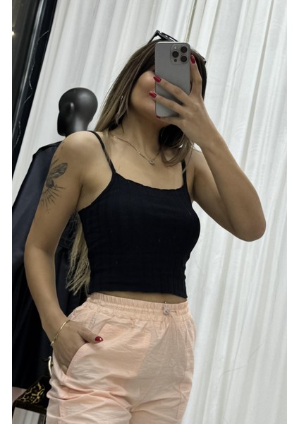İP ASKILI FİTİLLİ CROP SİYAH