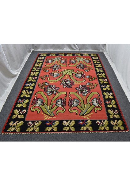 El Dokuma 6m2 Güllü Çiçekli Kirmen Karabağ Yün Kilim 5621