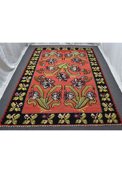 El Dokuma 6m2 Güllü Çiçekli Kirmen Karabağ Yün Kilim 5621