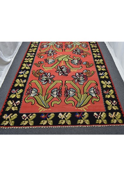 El Dokuma 6m2 Güllü Çiçekli Kirmen Karabağ Yün Kilim 5621