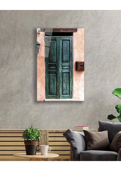 - Ahşap Eski Kapı Görselli Cam Tablo