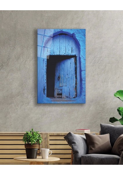 - Mavi Ahşap Kapı Görselli Dikey Cam Tablo