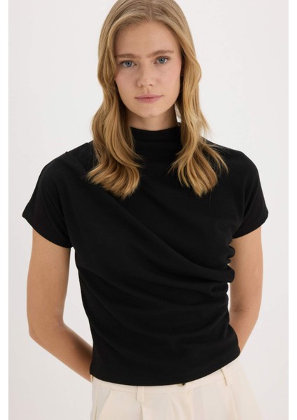 Slim Fit Dar Kesim Bisiklet Yaka Ribana Kısa Kollu Tişört E5905AX25SP