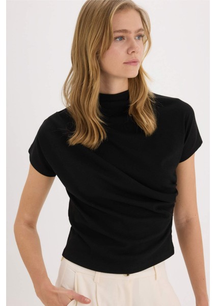 Slim Fit Dar Kesim Bisiklet Yaka Ribana Kısa Kollu Tişört E5905AX25SP