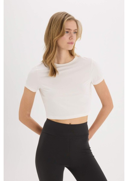 fit Crop Top Bisiklet Yaka Basic Düz Sporcu Kısa Kollu TIŞÖRT D7295AX25SP