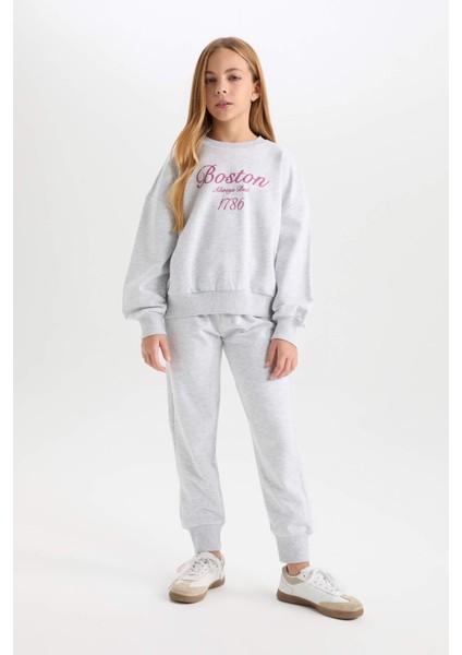 Kız Çocuk 2'li Takım Baskılı Sweatshirt Beli Lastikli Eşofman Altı D6452A8NS