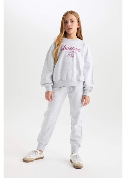 Kız Çocuk 2'li Takım Baskılı Sweatshirt Beli Lastikli Eşofman Altı D6452A8NS