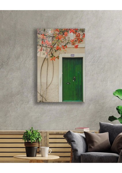 - Çiçekler ve Yeşil Ahşap Kapı Görselli Cam Tablo