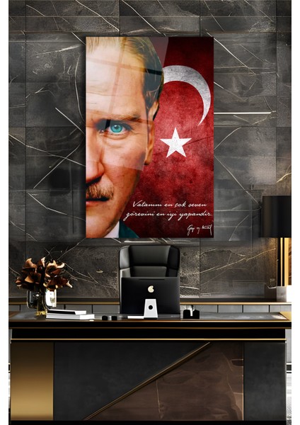 Atatürk Portre Türk Bayrağı Cam Tablo, " Vatanını En Çok Seven " Kurum Ofis Duvar Dekoru ,hediyelik
