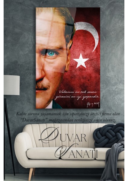 Atatürk Portre Türk Bayrağı Cam Tablo, " Vatanını En Çok Seven " Kurum Ofis Duvar Dekoru ,hediyelik indirimleri